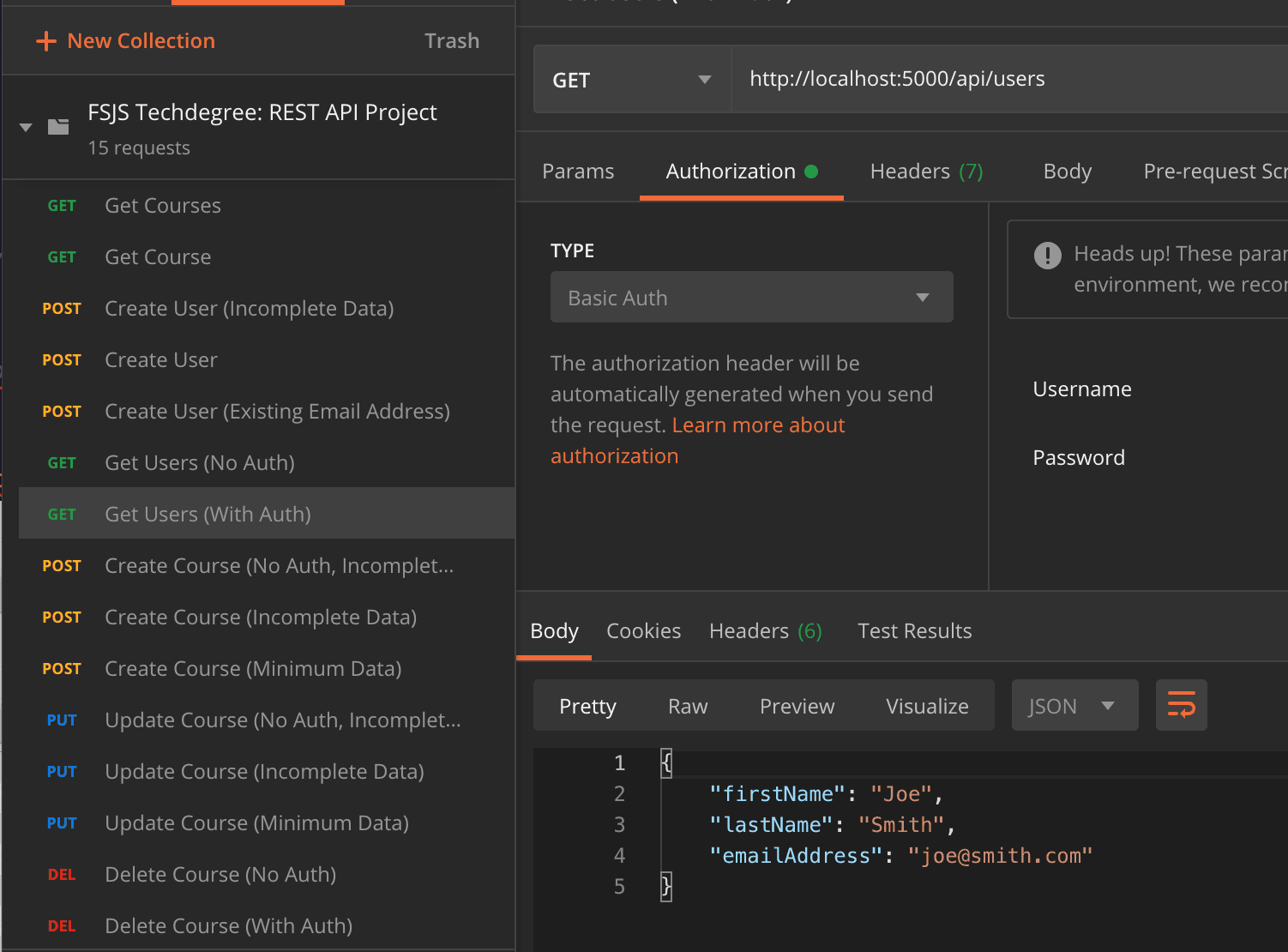 A REST API built with Express that configures responses to API requests for 'courses' and 'users' within a local database. 